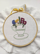 Load image into Gallery viewer, Teacup embroidery kit that is easy and fun. Stitches include french knot, stem stitch, satin stitch and split stitch.