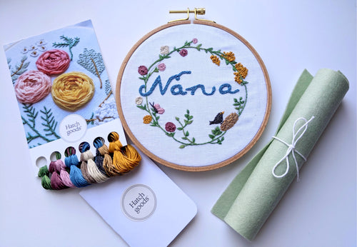 Nana embroidery kit includes smooth 6 inch beechwood hoop, DMC thread, mint felt backing, needle and needleminder and full stitch guide.
