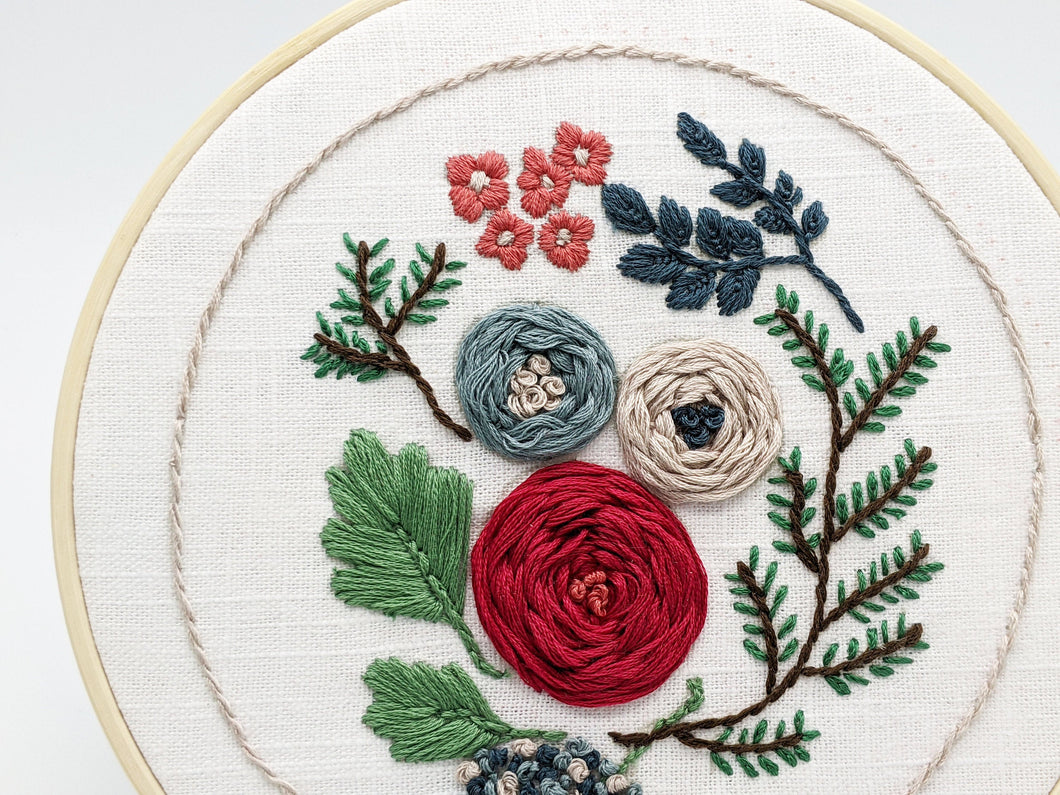 Floral forest embrodery pattern, wagon wheel stitch, stem stitch, satin stitch and french knot.