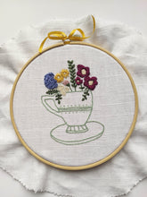 Load image into Gallery viewer, Teacup embroidery kit that is easy and fun. Stitches include french knot, stem stitch, satin stitch and split stitch.

