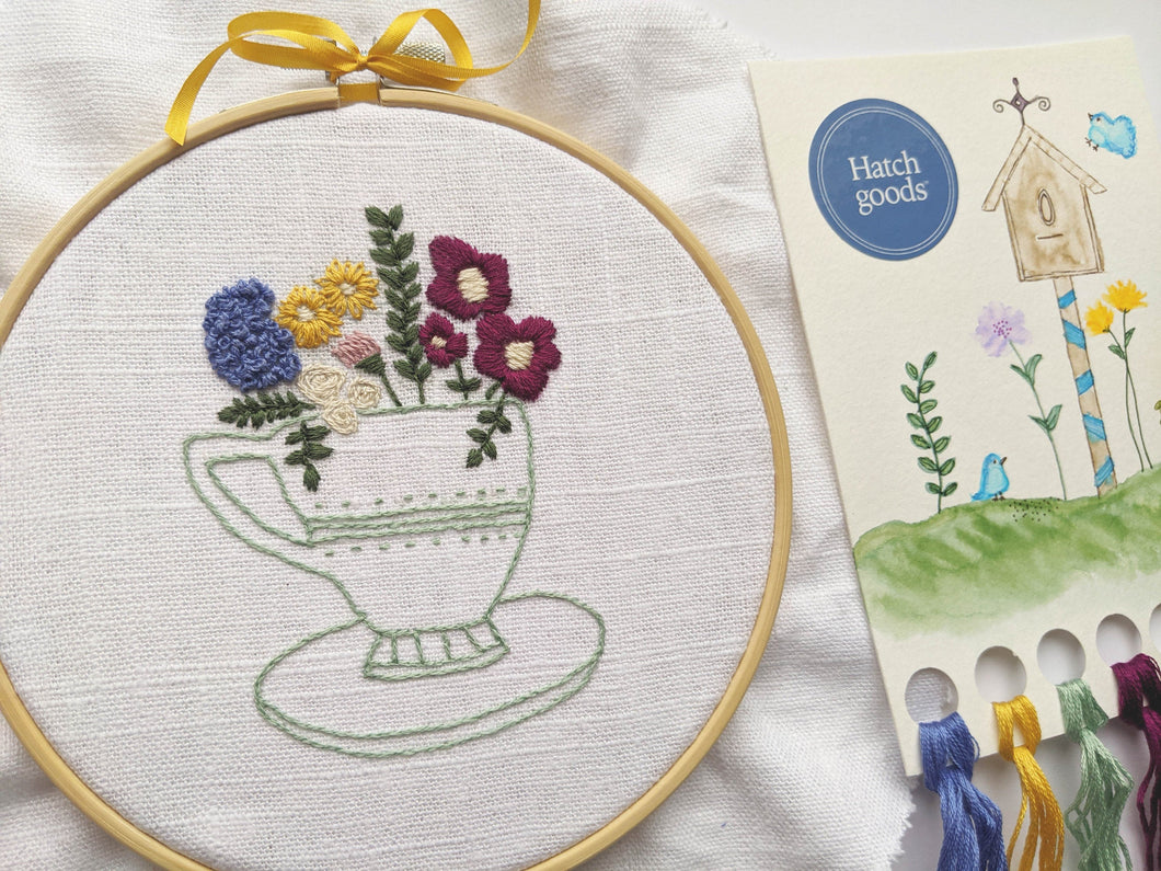 Teacup embroidery kit includes hoop, DMC thread, stitch instructions, needle and thread organizer. Pattern iron on ready to go linen fabric. Easy and fun.