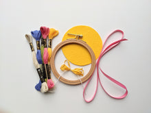 Load image into Gallery viewer, Beechwood hoop, DMC thread, pink ribbon and marigold felt backing.
