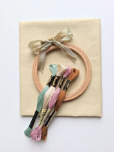 Load image into Gallery viewer, Embroidery kit includes 4 inch beechwood hoop, DMC thread, vintage ribbon and linen/cotton blend fabric.
