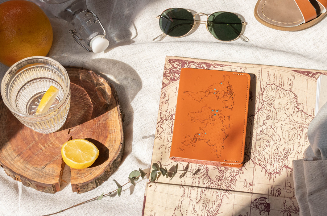 Leather passport cover in light brown. Stitch your world travels. Includes thread.