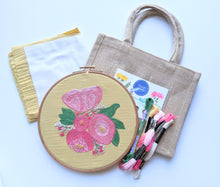 Load image into Gallery viewer, Modern peonie embroidery kit with pink, yellow, green and cream colors. Easy and fun needlework with split stitch and french knot. 
