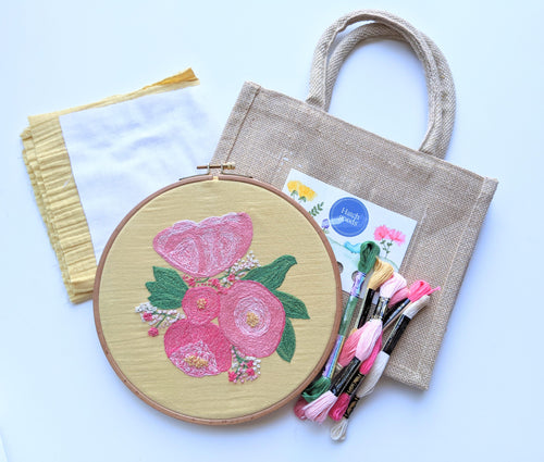 Modern peonie embroidery kit with pink, yellow, green and cream colors. Easy and fun needlework with split stitch and french knot. 